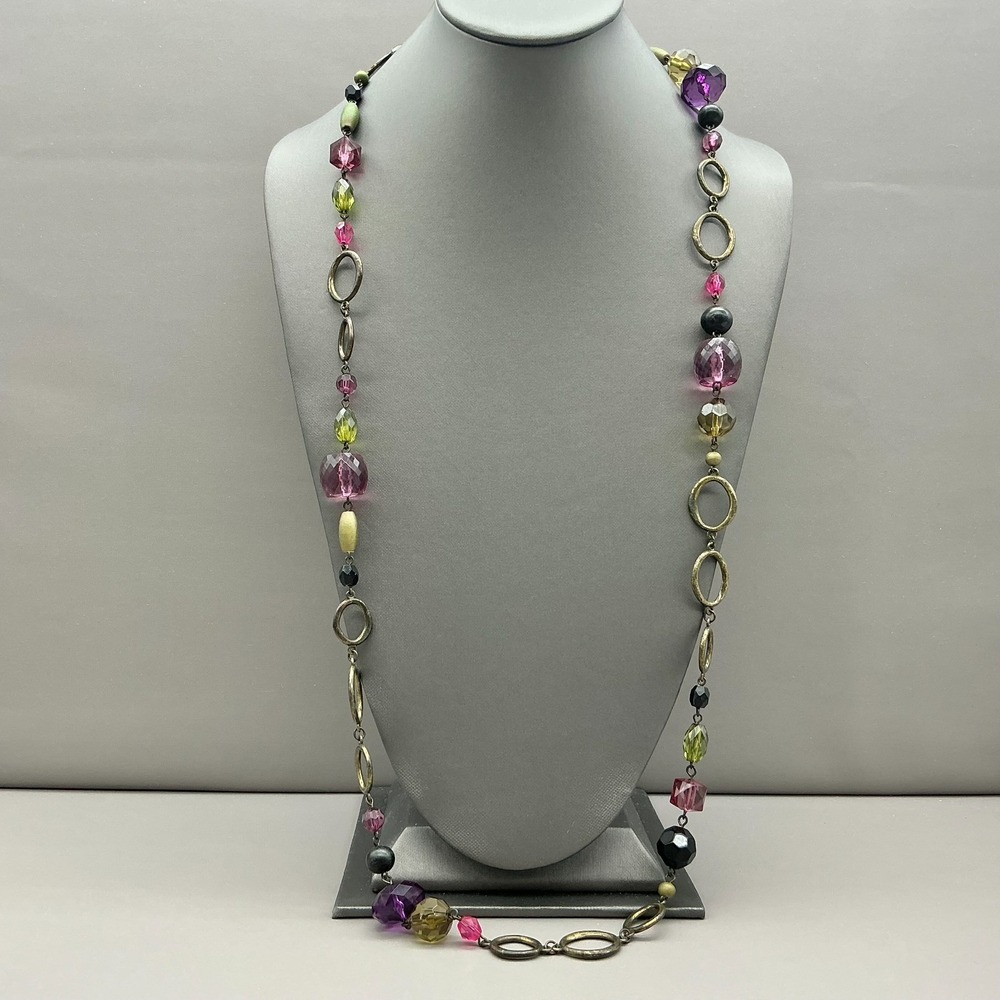 Lia‎ Sophia Gold Tone Multicolor Beaded Station Necklace Open Circle Links 30"
